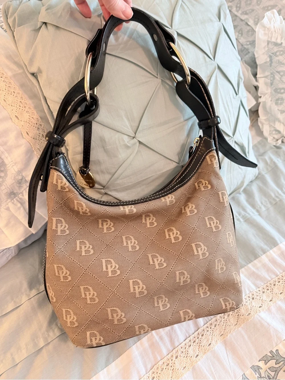 Dooney & Bourke Tan Monogram Shoulder Bag with Black Trim